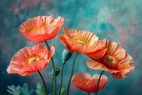 Coral and peach poppies with unopened green buds against a textured teal background
