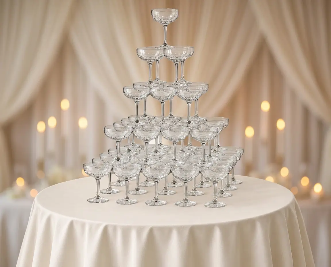 Crystal coupe champagne tower on an ivory satin draped table with candlelight at a luxury Miami wedding reception