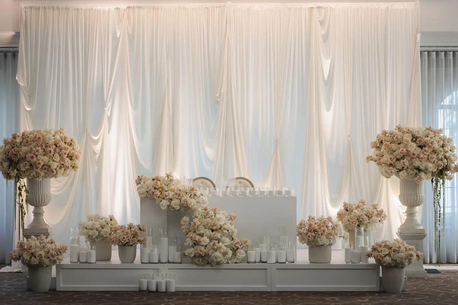 Towering blush and ivory rose urns flanking white draped backdrop with cascading rose sweetheart stage and pillar candles at luxury Miami wedding