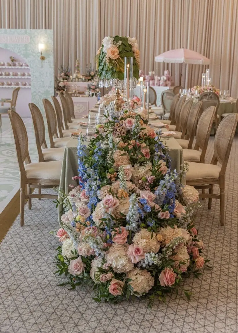 Pastel Floral Runner - Cascading pastel rose, hydrangea and delphinium runner spilling onto the floor by Aura Design Flowers Miami