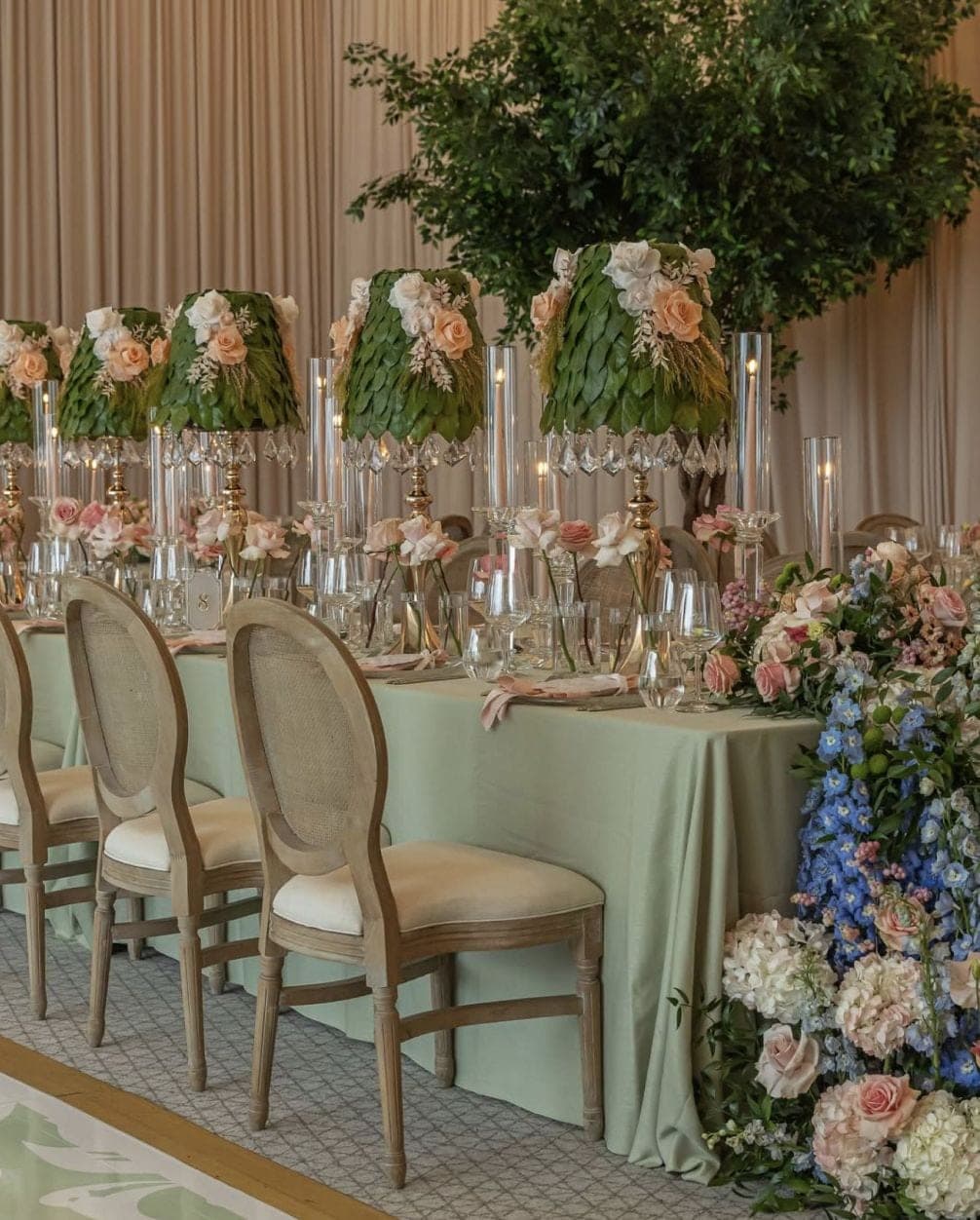 Elegant garden tablescape with green lampshade centerpieces and colorful florals